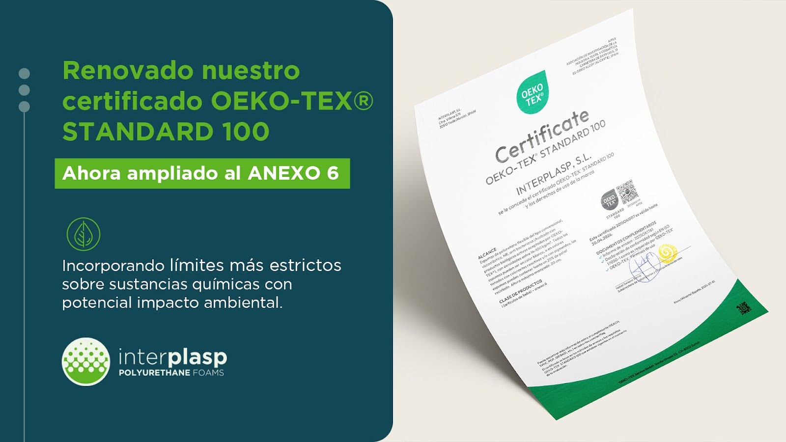 Espumas certificadas y responsables: renovamos el sello OEKO-TEX® STANDARD 100 (Anexo 6)